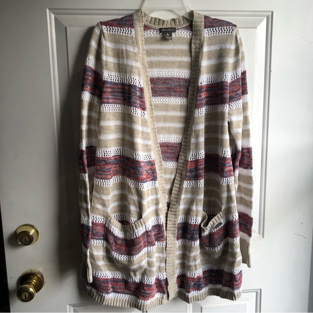 Eddie Bauer cozy colorful academic long striped cardigan with pockets size TM